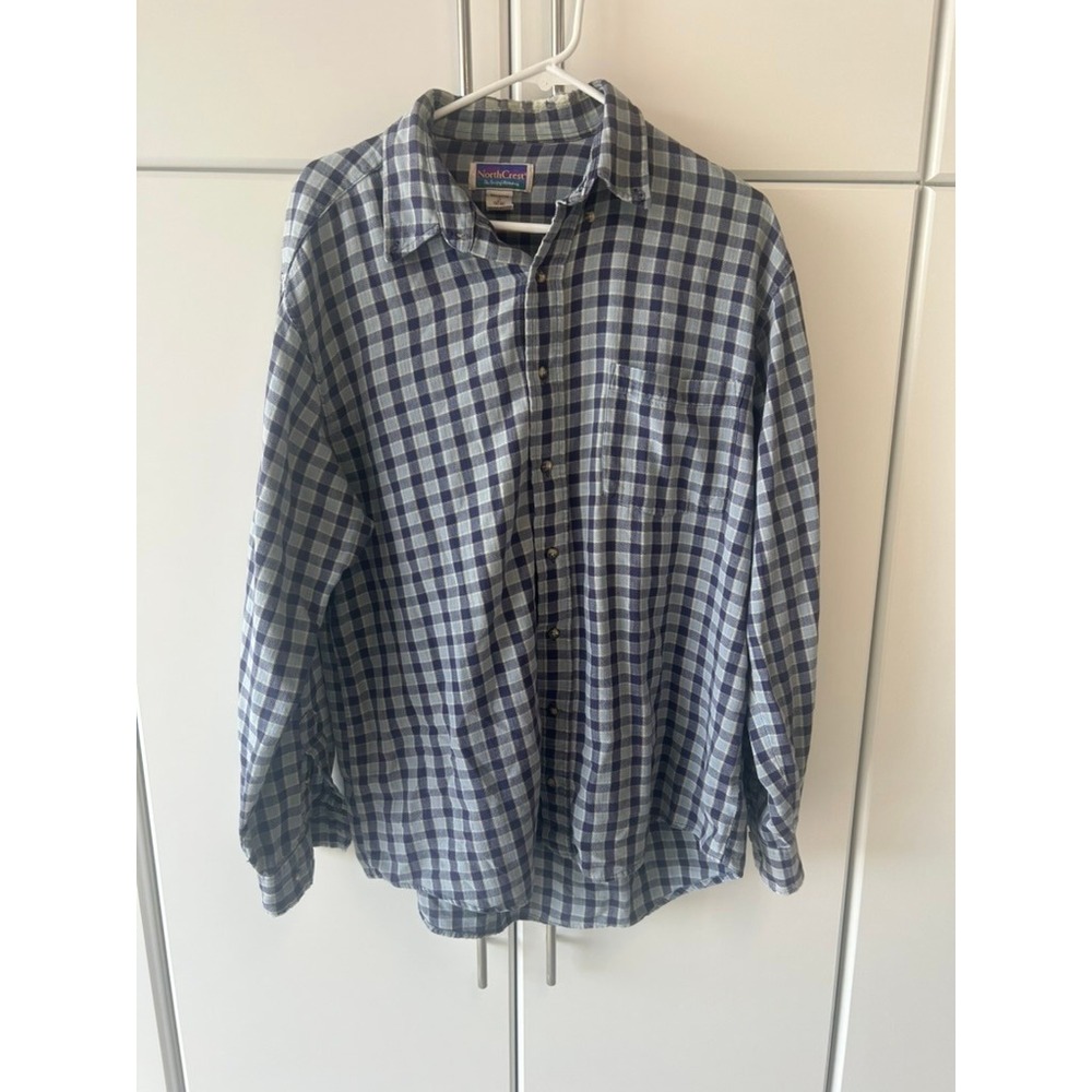 NorthCrest Mens Blue Grey Plaid Long Sleeve Cotton‎ Button Down Shirt LT 42-44